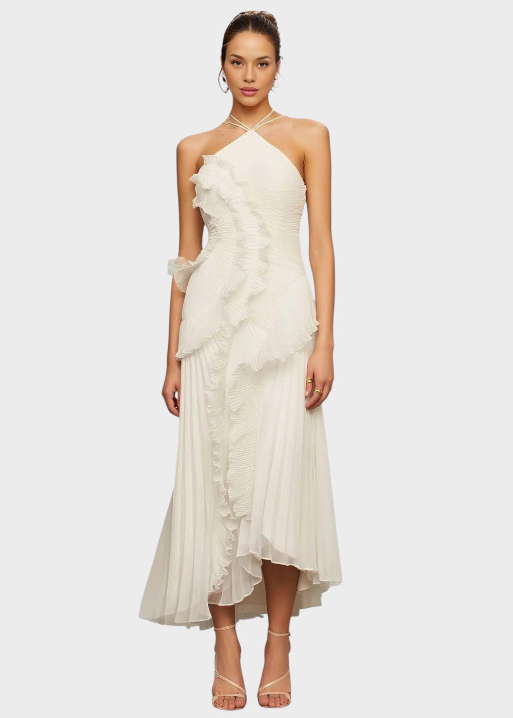 Elegant halterhalskjole med kaskader av volanger - Vichy Signature