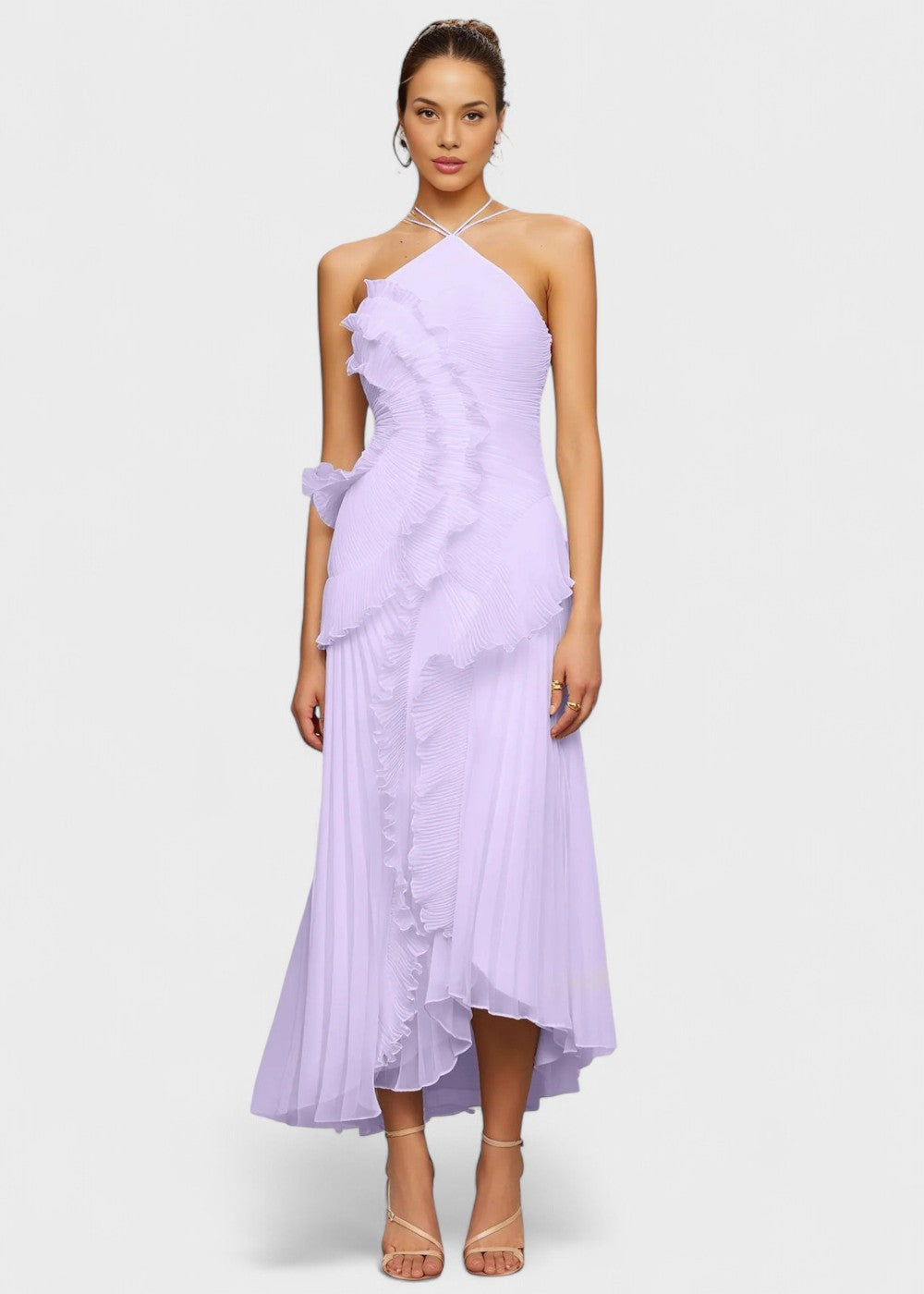 Elegant halterhalskjole med kaskader av volanger - Vichy Signature